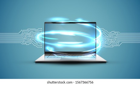 Realistic laptop with electric circuit map, vector illustration