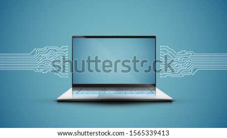 Realistic laptop with electric circuit map, vector illustration