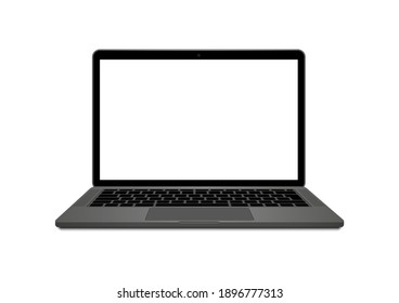 Realistic laptop front view. Laptop modern mockup in space gray color. Blank screen display notebook. Opened computer screen with keyboard. Smart device..