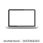 Realistic laptop in front view vector illustration isolated on white background. Computer notebook with webcam and empty screen mockup or template.