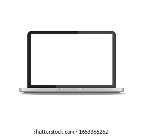 Realistic Laptop In Front View Vector Illustration Isolated On White Background. Computer Notebook With Webcam And Empty Screen Mockup Or Template.