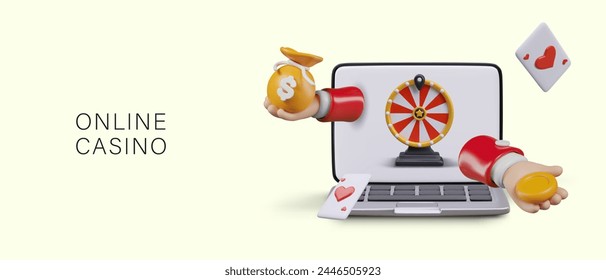 Realistic laptop, hands offering money, wheel of fortune, playing cards flying around