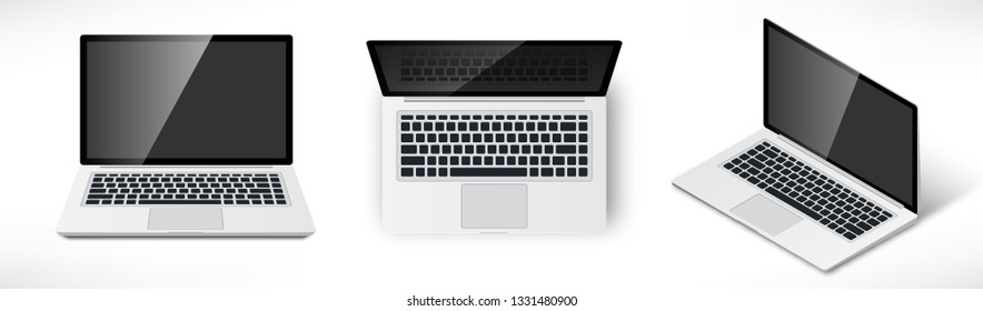 Realistic laptop Isometric, top and front view. Vector Illustration. Set of 3d computers notebook with empty screen isolated on white background. For Mobile, Web, Print Products, Application, mockup