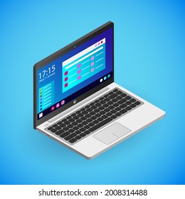 Realistic laptop in isometry. Vector isometric illustration of electronic device, notebook with working screen and operating system icons. Portable electronic gadget, laptop pc isolated