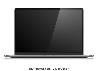 Realistic laptop layout with a dark silver case. A laptop with an empty black screen with a glare on a white background. Vector illustration.
