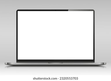 Realistic laptop layout with reflection. A laptop with a silver case and a white screen on a gray gradient background. Vector illustration.