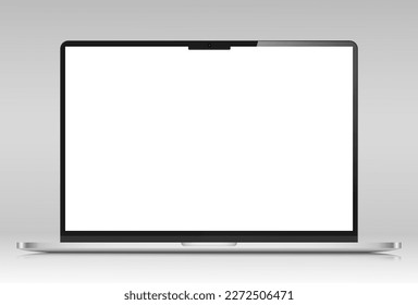 Realistisches Laptop-Layout mit Silber und weißem Bildschirm. Laptop mit Reflexion auf grauem Farbverlauf-Hintergrund. Vektorgrafik.