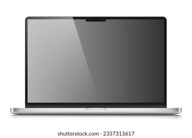 Diseño de portátiles realista con estuche plateado. Un portátil con una pantalla gris vacía con un resplandor en un fondo blanco. Ilustración vectorial.