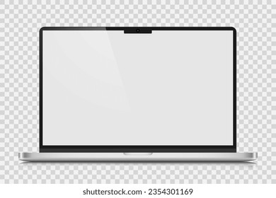 Realistic Laptop layout with silver case and white screen. A laptop with a reflection on a transparent background. Vector illustration.