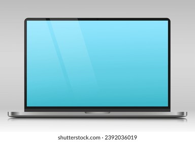 Realistic laptop layout in a silver thin metal case. A laptop with a blue screen and a glare on a gray gradient background. Vector illustration.