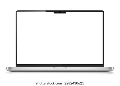 Diseño de portátiles realista con pantalla blanca y estuche plateado ligero. Un portátil moderno con pantalla en blanco. Ilustración vectorial.