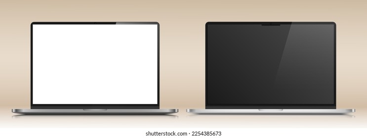 Realistic laptop layouts with a white and black screen and reflection on a beige gradient background. Vector set.