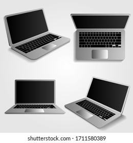 Realistic laptop mock up in different 3D projections. Layout of an electronic device with black monitor for presentations and presentation of your company - vector illustration