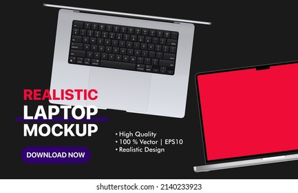 Realistic laptop mockup with blank screen. Device top view. Download now button. Can be used for business presentation, advertising or marketing. Vector illustration