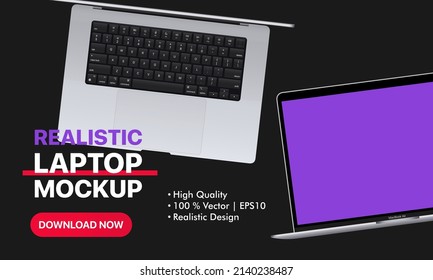 Realistic laptop mockup with blank screen. Device top view. Download now button. Can be used for business presentation, advertising or marketing. Vector illustration