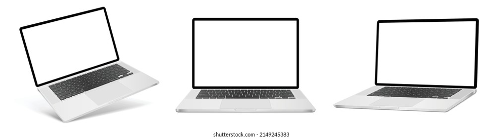 Modelación realista de una laptop con pantalla en blanco aislada en fondo blanco, perspectiva laptop se burla de diferentes ángulos vistas