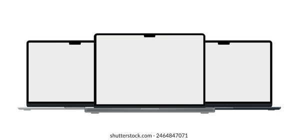 Realistic laptop mockup with blank screen isolated on white background, perspective laptop mock up different angles views