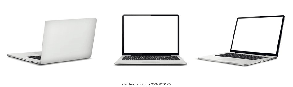 Realistic laptop mockup with blank screen isolated on white background, perspective laptop mock up different angles views.