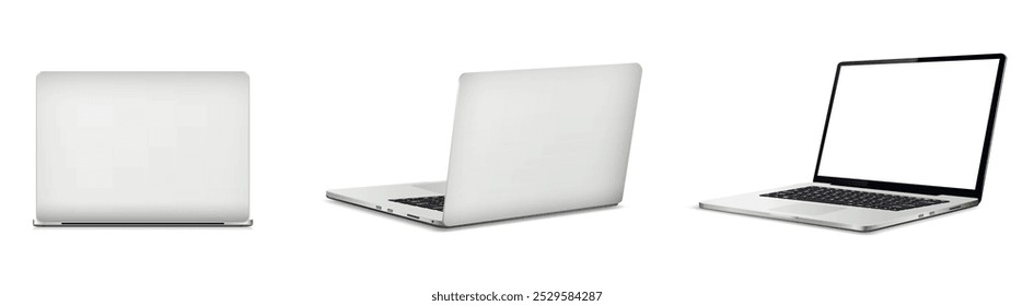 Realistische Laptop-Mockup mit leerem Bildschirm einzeln auf weißem Hintergrund, Perspektive Laptop mock up verschiedenen Blickwinkeln.