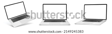 Realistic laptop mockup with blank screen isolated on white background, perspective laptop mock up different angles views
