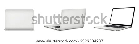 Realistic laptop mockup with blank screen isolated on white background, perspective laptop mock up different angles views.