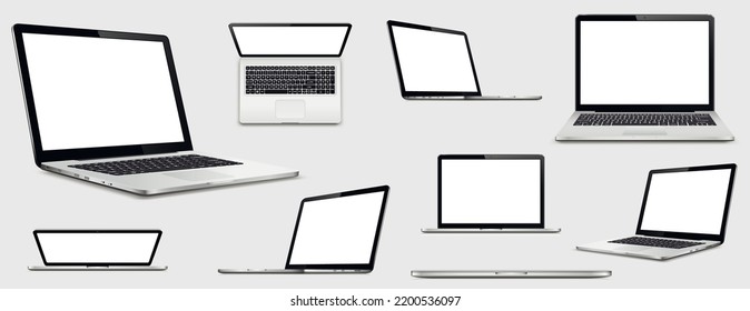 Realistic laptop mockup collection with blank screen isolated
