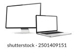Realistic laptop mockup and computer display with blank screen isolated on white background