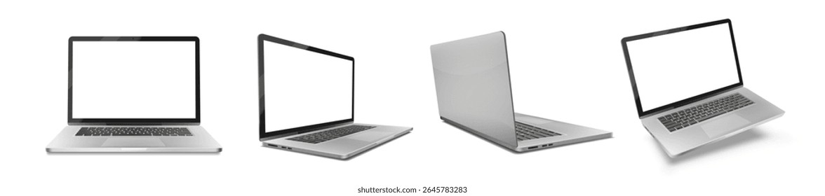 Realistic laptop mockup set. Laptop or portable devices with blank screen from different angles views. Gadget with copy space for presentation. 3D vector illustration collection isolated on background
