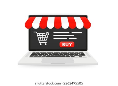 Realistic laptop mockup with striped awning and empty screen. Online shopping concept. Open laptop with awning. Banner for marketing and promotion ecommerce. Vector illustration