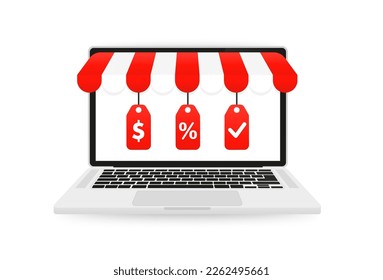 Realistic laptop mockup with striped awning and blank screen. Online shopping concept. Discounts, promotions, coupons, sales. Banner for e-commerce marketing and promotion. Vector illustration