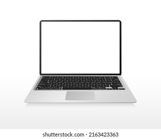 Realistic Laptop Mockup. Stylish Gadget With Silver Body And Black Keyboard Portable Handy Device For Work And Vector Entertainment