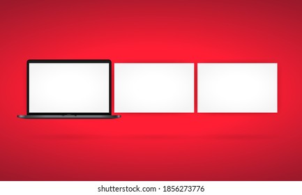 Realistic laptop monitor in front view. Metal desktop mockup with white screen. Template of notebook. Vector on isolated white background. EPS 10
