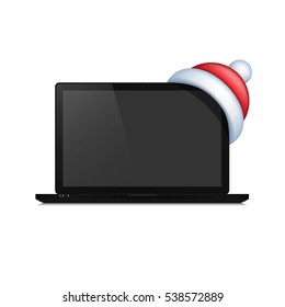 Realistic laptop monitor with santa hat. Vector.