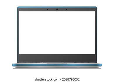 Realistic laptop, notebook with blank screen. Isolated on white with shadow. The display is open 90 degrees. Foreground. Modern mobile device.