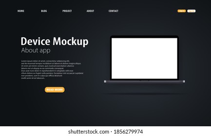 Realistic laptop, notebook, computer with blank screen and shadow. Dark theme. Blank device mock up. Web page tamplate. Electronic devices mockup set. Modern technology. Vector EPS 10.