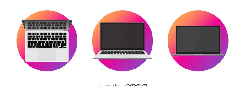Realistic Laptop and Notebook Computer Mockup – 3D Vector Set of Blank Screens in Front, Top, and Perspective Views for UI, Web, and App Design
