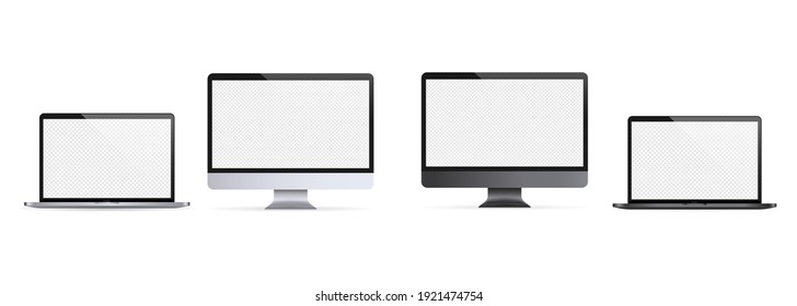 Realistic laptop, notebook. Computer monitor illustration. Light and dark theme. Computer monitor icon. White blank display. Vector EPS 10. Isolated on transparent background