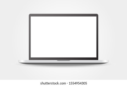 Realistic laptop on light background. Clean design with blank screen. White notebook mockup isolated. Computer with empty screen. Silver device with shadow. Vector illustration.