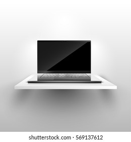 Realistic laptop on shelf, vector illustration