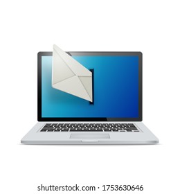 Realistic laptop on white background. Emails fly out of laptop screen. The concept of e-mailing.
