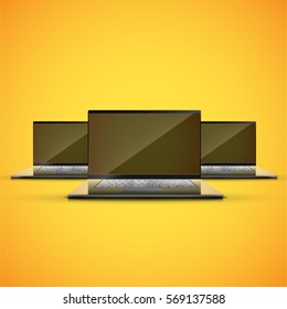 Realistic laptop on a yellow bacground, vector illustration
