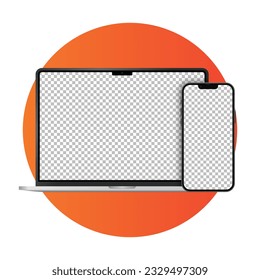 Realistic laptop with phone mockup and gradient circle on background. Laptop and smartphone with transparent screens vector illustration.