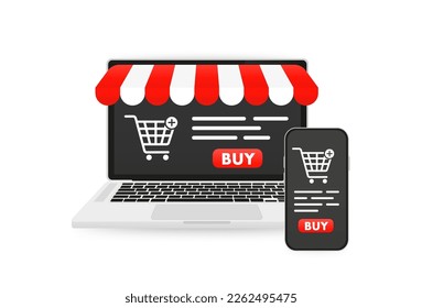 Realistic laptop and phone mockup with striped awning and blank screen. Online shopping concept. An open laptop with an awning. Banner for e-commerce marketing and promotion. Vector illustration
