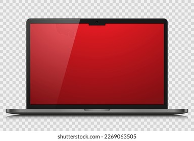 A realistic laptop with a red gradient screen and reflection on a transparent background. Vector illustration.