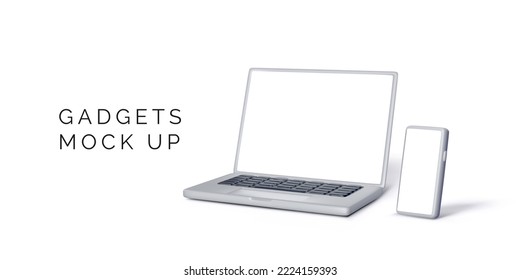 Realistic laptop and smartphone mockup with empty white screen for business banners or posters design. Modern 3D gadgets