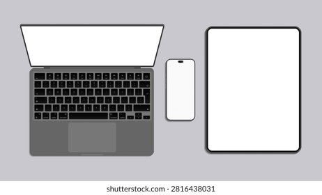 Realistic Laptop Smartphone and Tablet Mockup Vector with Blank Screens Top View for Responsive Website UI UX App Presentation