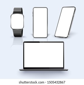 Realistic  Laptop,  Smartphone, watch with transparent Wallpaper Screen Isolated on white. Mockup realistic  device. Stock Vector illustration