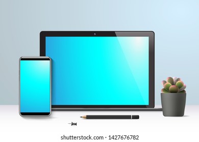 Realistic Laptop and Smartphone, workspace front view, with decor elements, flowers and blank copy space on white background, vector illustration.