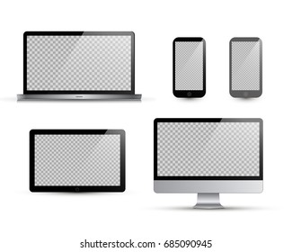 Realistic laptop, tablet, smartphone, computer. Vector illustration. White background. Vector mock up. Isolated on white. Transparent screen.