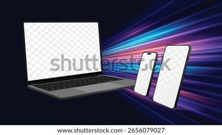 Realistic Laptop, Tablet, and Smartphone Mockup on Futuristic Light Streak Background - Blank Transparent Screens for UI Design, App Display, and Tech Banner Presentation